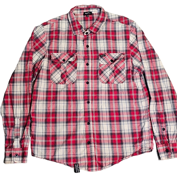 LRG Shirt Mens Medium Red Blue Plaid Button Up Lifted Research Group Camp Casual - Picture 1 of 10